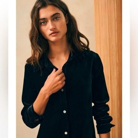 Faherty Stretch Silk Velvet Genevieve Shirt Dress Black Size SMALL S - Picture 4 of 12